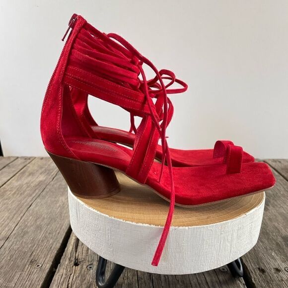 NWOT Jeffrey Campbell Red Leather Strappy Chunky Heels Size 7.5M - Picture 4 of 7